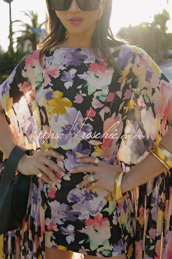 Garden Party Contrast Floral Print High Low Cape Maxi Dress