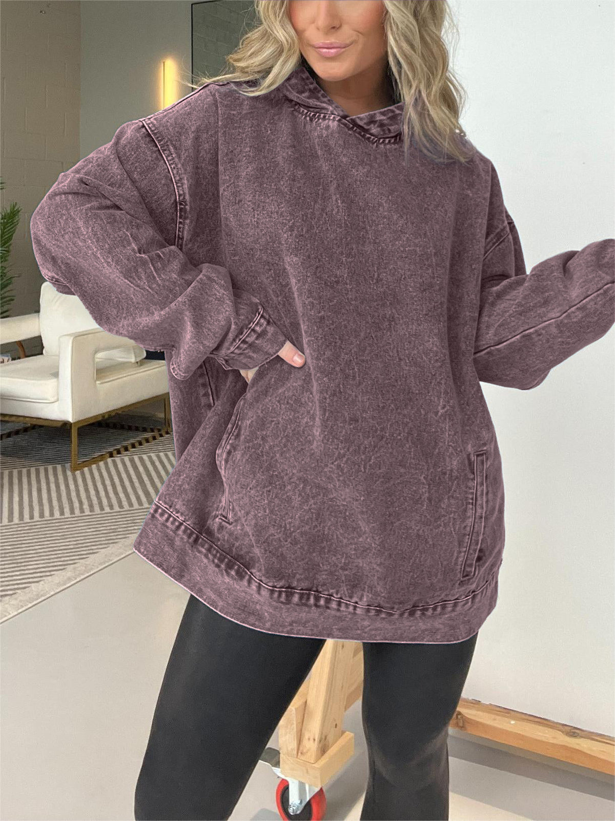 Denim Hooded Sweatshirt with Front Pockets (Buy 2 Free Shipping)