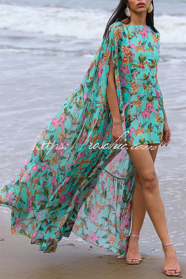 Garden Party Contrast Floral Print High Low Cape Maxi Dress