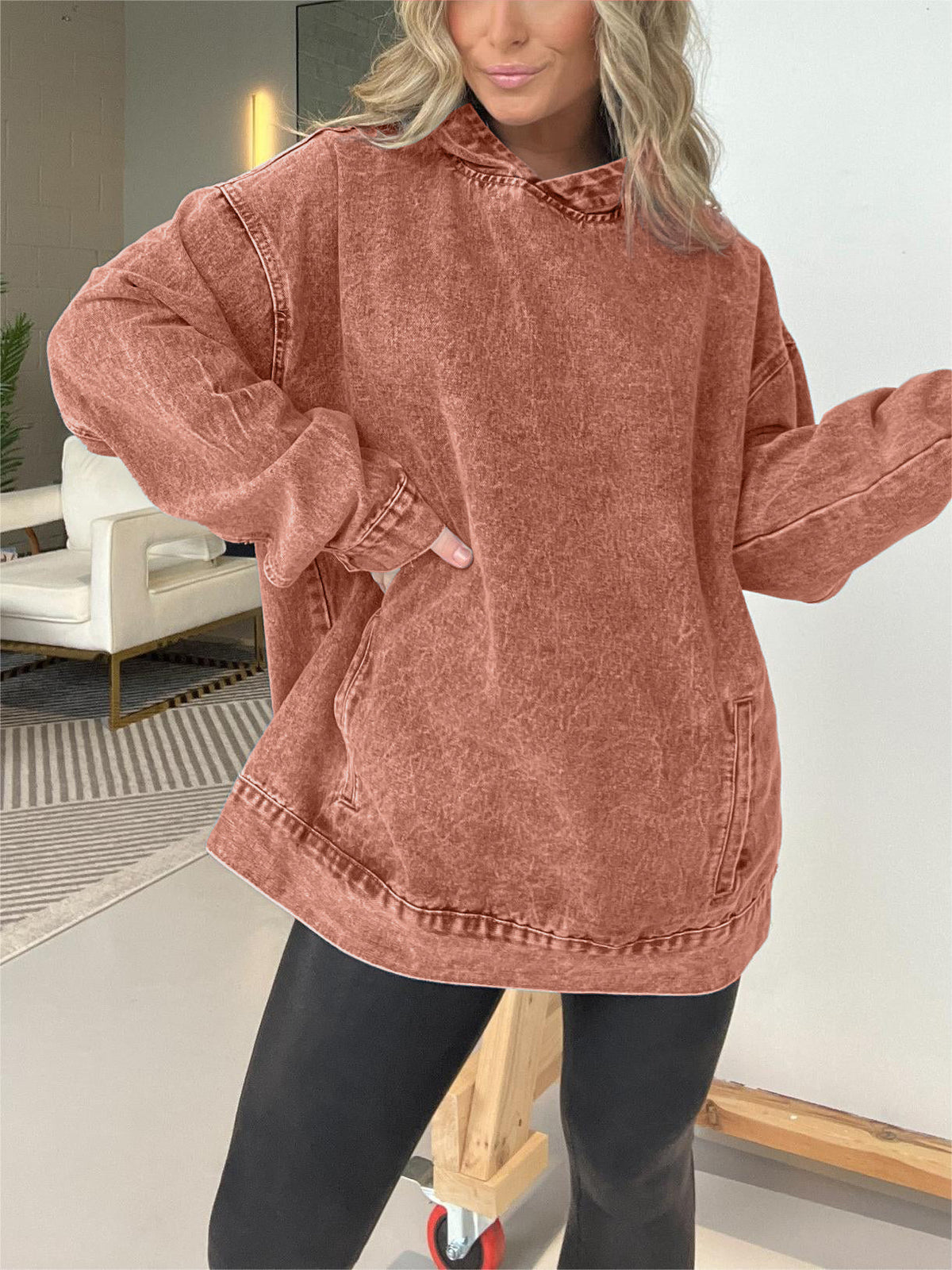 Denim Hooded Sweatshirt with Front Pockets (Buy 2 Free Shipping)