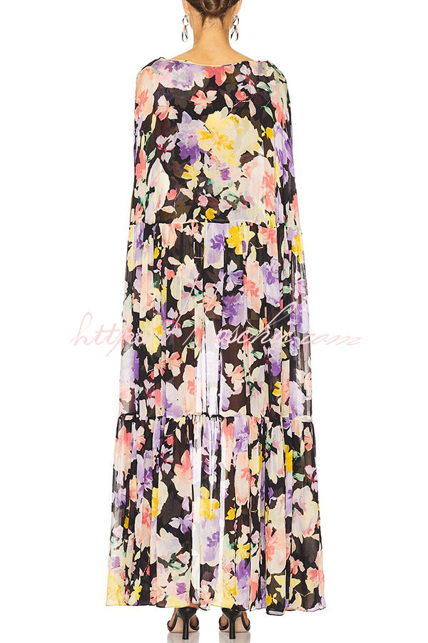 Garden Party Contrast Floral Print High Low Cape Maxi Dress