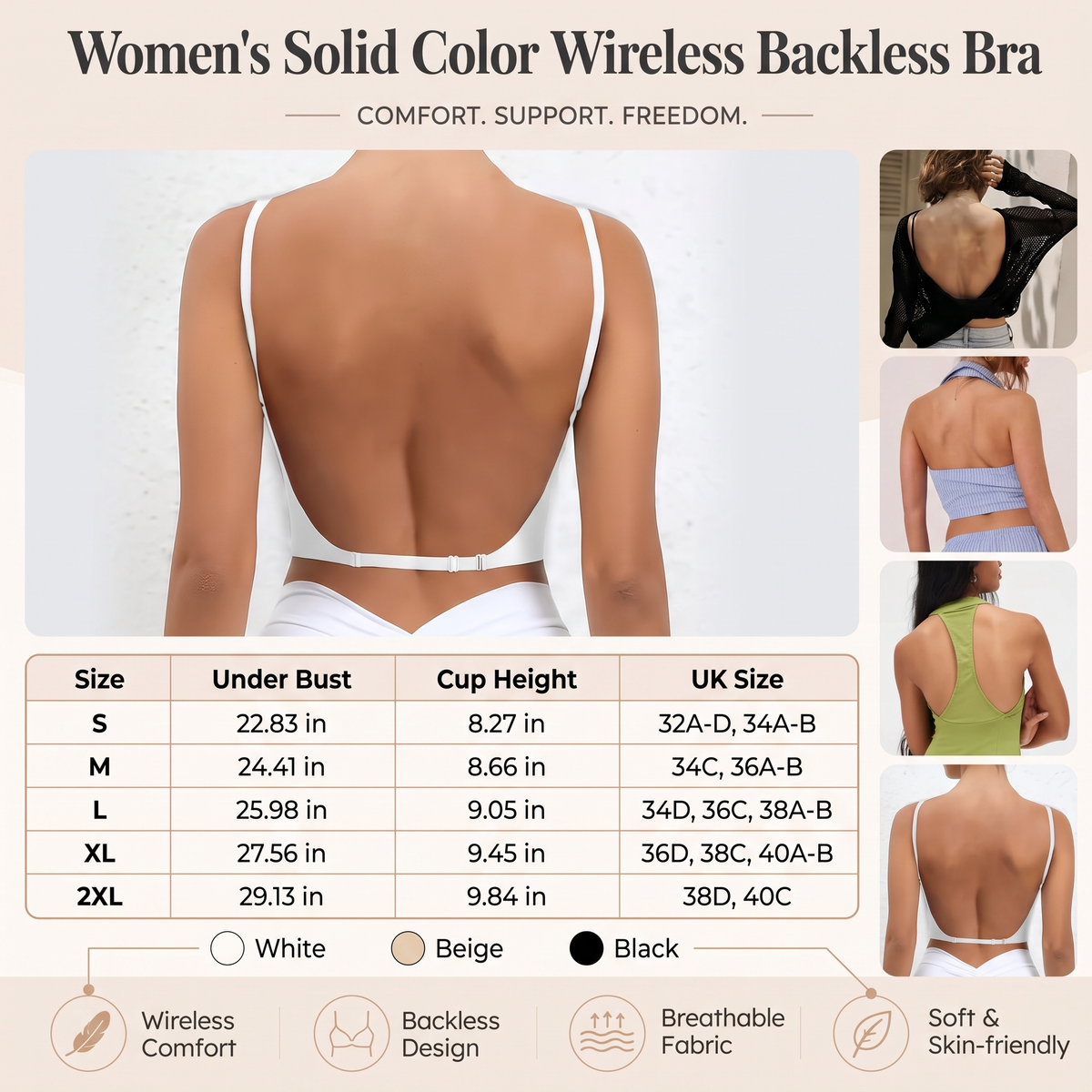 Women’s Solid Color Wireless Backless Bra