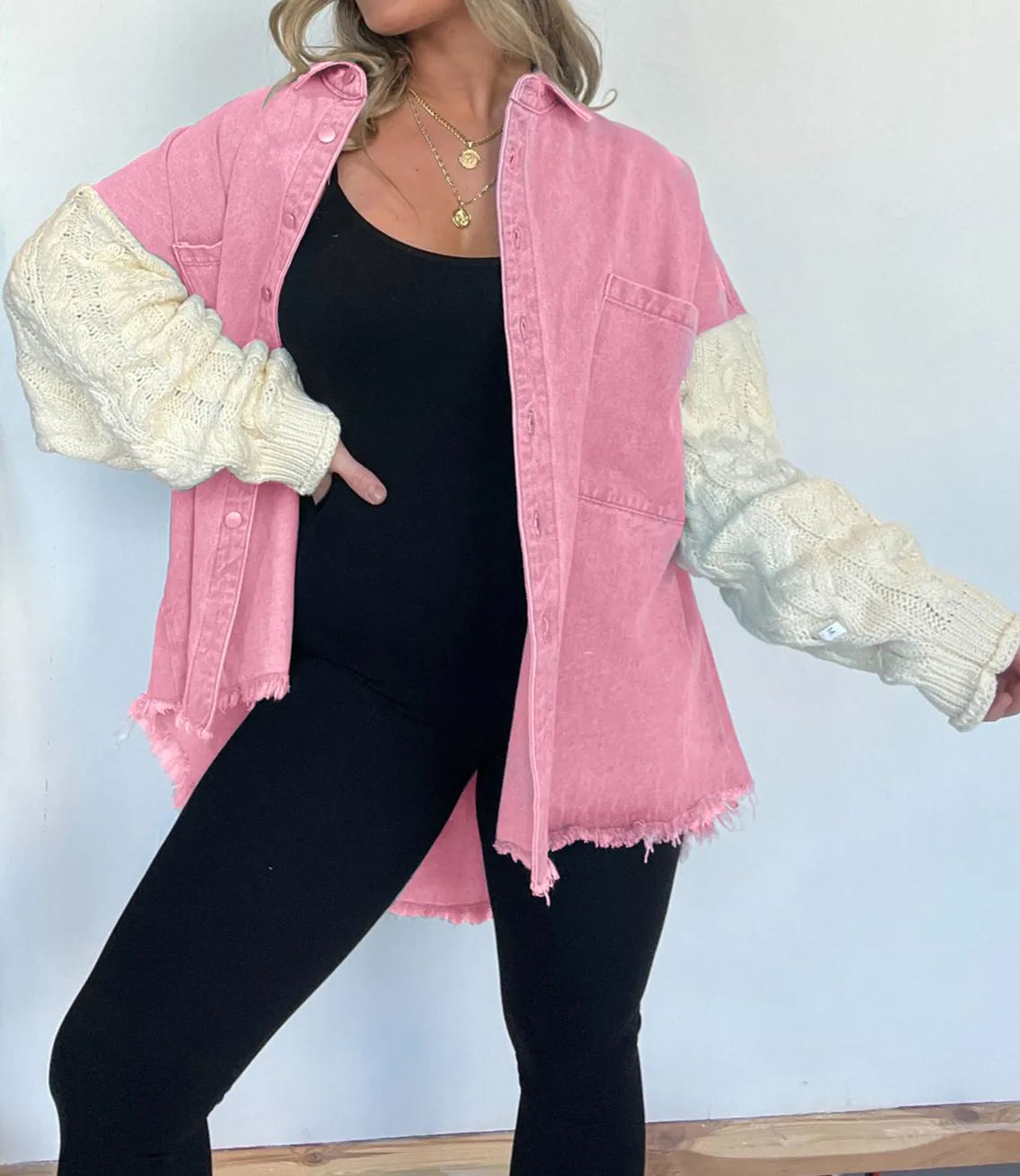 Cozy Sweater Sleeve Denim Shacket (Buy 2 Free Shipping)